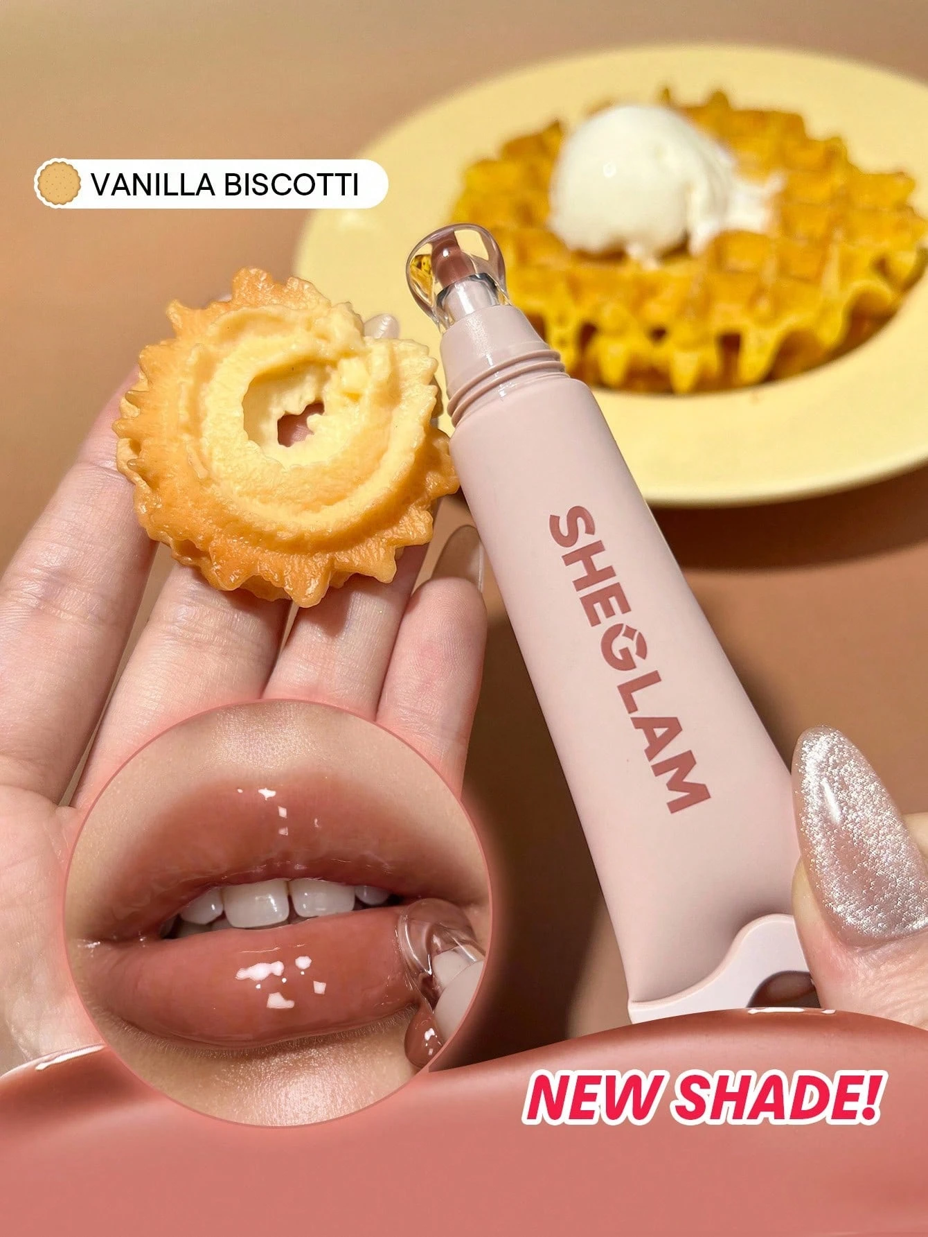 SHEGLAM “Vanilla Biscotti” – Lip Oil/Gloss con Aplicador Roll-On (Nude Vainilla)