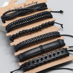Set de 6 Pulseras Negras Unisex – Cuero Trenzado + Cuentas