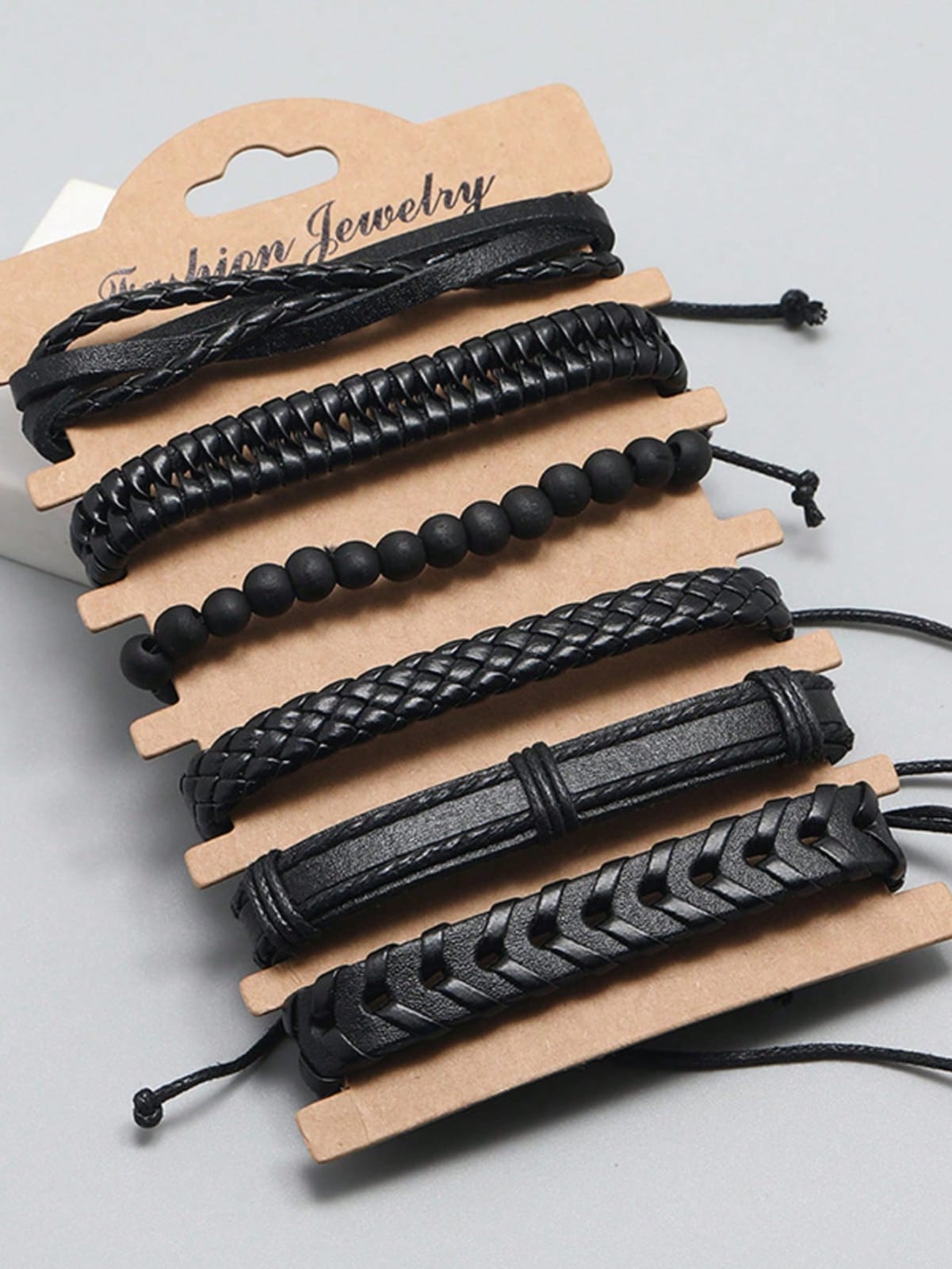 Set de 6 Pulseras Negras Unisex – Cuero Trenzado + Cuentas