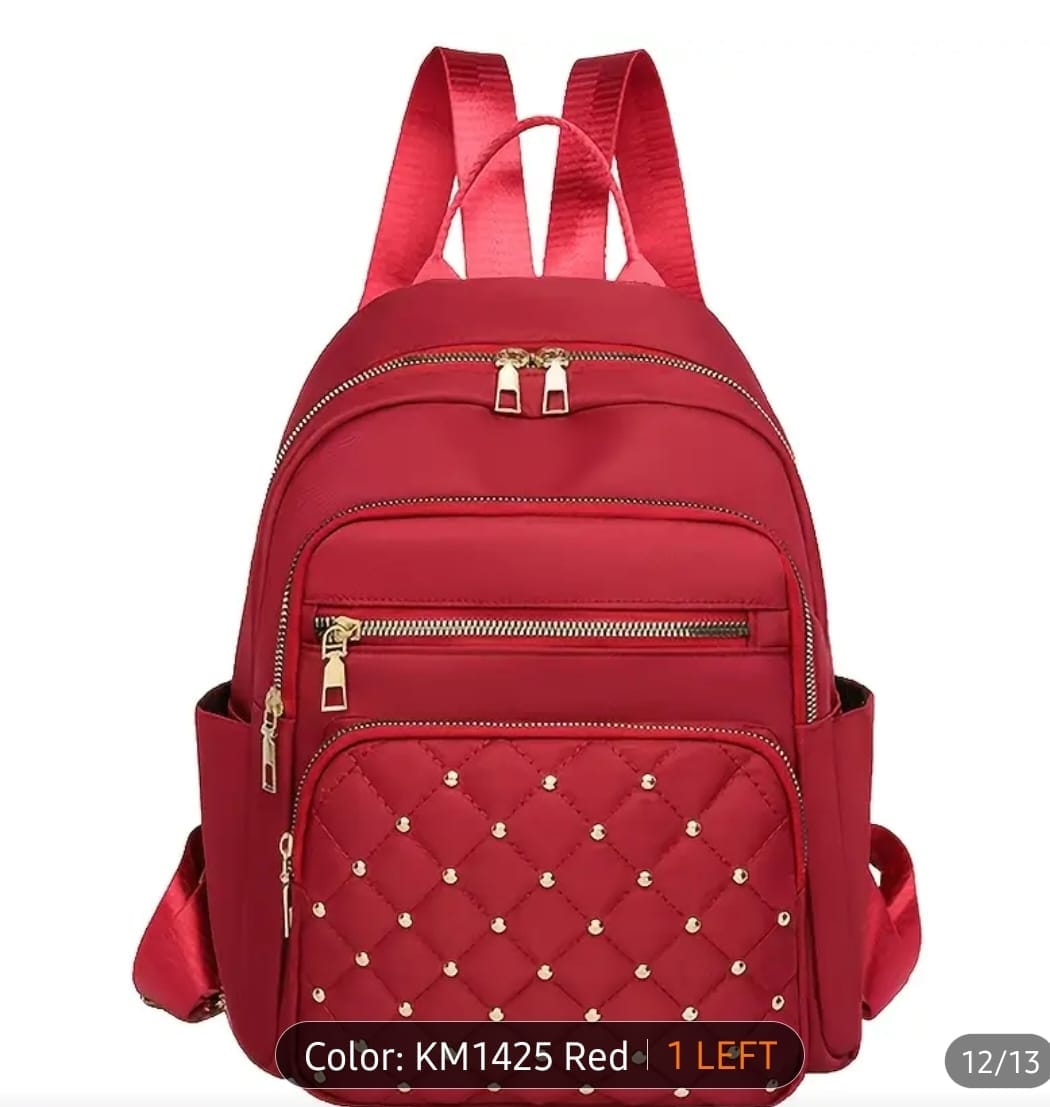 Mochila Casual para Mujer con Tachuelas – Multibolsillos y Cierres Dorados