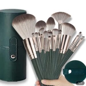 Set de Brochas de Maquillaje Profesional con Estuche – Kit Completo para Rostro y Ojos (Verde)